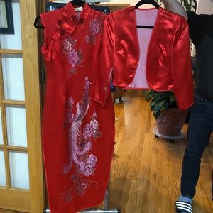 Red Chinese Dress Phoenix Pattern Matching Jacket